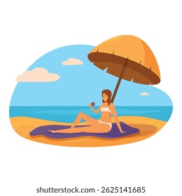 Young woman is enjoying her vacation, relaxing on the beach under an umbrella