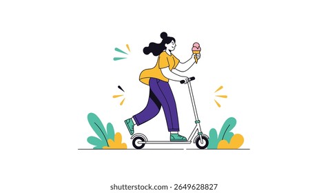 Young woman enjoying an ice cream while riding a scooter through a park on a sunny day