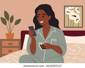 Young woman enjoying morning cup of coffee while using smartphone in the bedroom