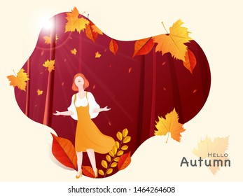 Young woman enjoying nature on beautiful sunshine forest abstract background for Hello Autumn poster or banner design.