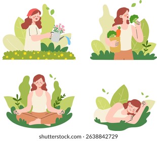Young woman enjoying a nature-connected lifestyle. Flat vector illustration showing a peaceful and healthy way of living in harmony with the natural environment.