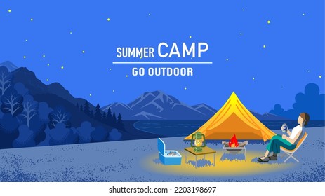 Young woman enjoying night camp in summer - Included words