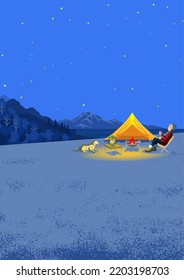 Young woman enjoying night camp in autumn with her dog - Vertical