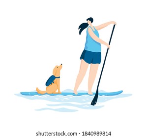 Young woman enjoying paddling with her dog wearing PFD. Sup with pets flat vector illustation.