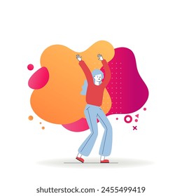Young woman enjoying party. Dancing cartoon female character in casual flat vector illustration. Lifestyle, having fun, joy concept for banner, website design or landing web page