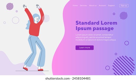 Young woman enjoying party. Dancing cartoon female character in casual flat vector illustration. Lifestyle, having fun, joy concept for banner, website design or landing web page