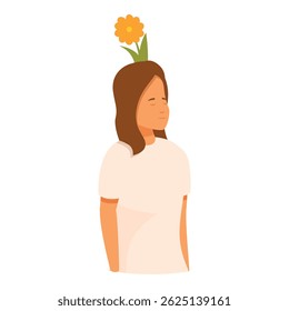 Jovem mulher desfrutando de paz e tranquilidade com uma flor crescendo de sua cabeça