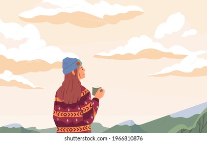 Young woman enjoying peaceful landscape, relaxing, looking at sky with clouds, drinking tea and dreaming. Inspiration concept. Colored flat vector illustration of person alone with nature