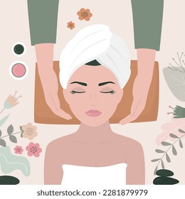 Joven que disfruta de un relajante tratamiento de masaje facial. Mujer tendida en la espalda mientras masajista masajeando su cara. Tratamientos faciales. masaje facial spa. Retrato feliz de chica. Vista superior. ilustración vectorial