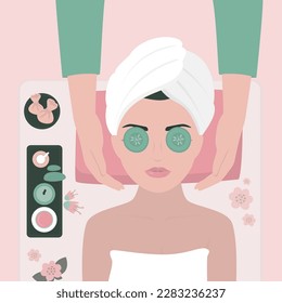 Joven que disfruta de un relajante tratamiento de masaje facial. Mujer tendida en la espalda mientras masajista masajeando su cara. Tratamientos faciales. masaje facial, terapia aroma. Retrato feliz de chica. Vista superior. vector