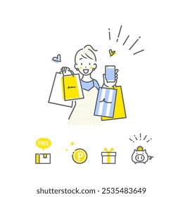 Una mujer joven disfrutando de las compras en su teléfono inteligente. Ilustración de dibujo de línea simple y elegante