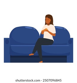 Young woman is enjoying a slice of pizza on a comfortable blue sofa