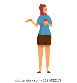Young woman enjoying a slice of pizza and a coffee