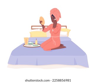 Young woman enjoying spa day at home semi flat color vector character. Editable figure. Full body person on white. Simple cartoon style illustration for web graphic design and animation