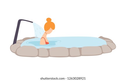 Young woman enjoying spa massage in thermal spring, girl relaxing in hot water in bath tub vector Illustration on a white background