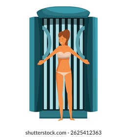 Jovem mulher curtindo uma sessão de bronzeamento em um solário vertical, alcançando um brilho perfeito de verão