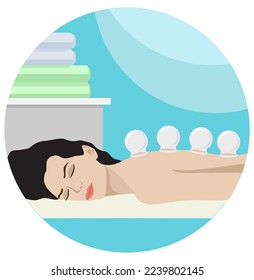 Young woman enjoying wellness SPA physiotherapy. Cupping treatment SPA as vacuum therapy. Alternative medicine and acupressure rehabilitation method for wellness, recreation. Vector illustration