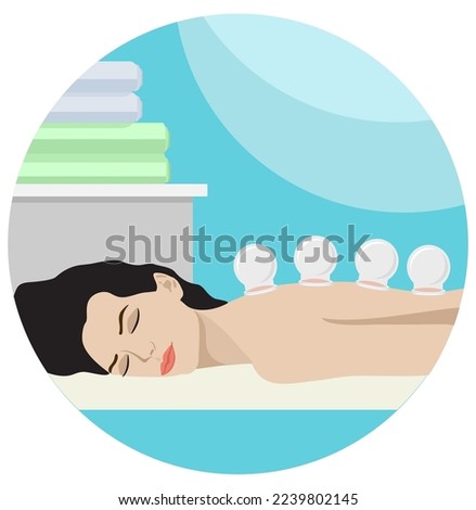 Young woman enjoying wellness SPA physiotherapy. Cupping treatment SPA as vacuum therapy. Alternative medicine and acupressure rehabilitation method for wellness, recreation. Vector illustration