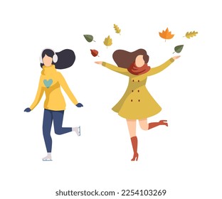 Young Woman Enjoying Winter and Autumn Ice Skating and Throwing Foliage Vector Set