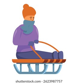 Young woman is enjoying a winter day outdoors, bundled up in warm clothing and riding a classic wooden sled