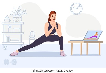 Young Woman Enjoying yoga online class, online training, Healthy lifestyle, active recreation, Woman doing yoga exercises. Vector illustration.