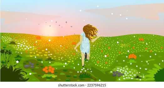 Young woman enjoys beautiful nature. A running girl with dandelions in her hands runs through a flower field. Tranquil landscape with sunset, floating clouds and flying birds in the sky. Vector illust