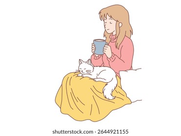 A jovem goza do conforto de sentar-se em uma cadeira com um cobertor e acariciar seu gato de estimação. olha pela janela e bebe chá ou café. Aconchegante, relaxa, sonho conceito. Design de vetor de estilo desenhado à mão