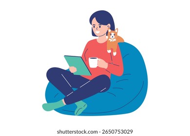 A young woman enjoys a cozy, relaxing moment at home with her pet dog, reading on a digital tablet while sitting on a beanbag chair - Powered by Shutterstock - Get 15% off with code: PIKWIZARD15