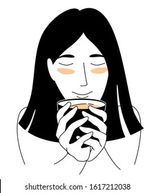 Young woman enjoys drinking tea while holding a mug with both hands. Vector illustration doodles, thin line hand drawn art sketch style