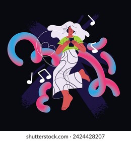 Young woman enjoys listening to music with headphones. Happy girl in earphones with smartphone, audio sound player. Positive emotions, feelings from pop songs. Flat isolated vector illustration