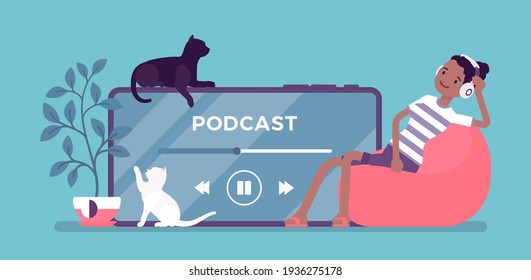 Young woman enjoys listening podcasts played through smartphone in headphones. Girl sitting at giant phone screen, using device app. Vector creative stylized illustration