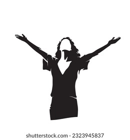 Young woman enjoys the moment with her arms outstretched, isolated vector silhouette, ink drawing, front view