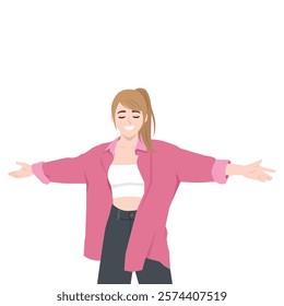 Young woman enjoys the moment with her arms outstretched. Flat vector Character Illustration