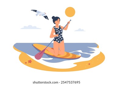 Una joven disfruta del paddleboarding en aguas tranquilas, con un pájaro volando por encima y el sol brillando intensamente. Ilustración vectorial