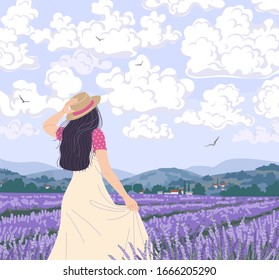 Young woman enjoys the scenery of lavender field. Dreamy girl in straw hat walking among purple flowers. Calm landscape with mountains, floating clouds and flying birds in sky. Vector illustration.