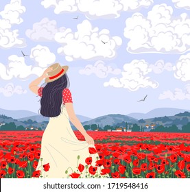 Young woman enjoys the scenery of poppies field. Dreamy girl in straw hat walking among red poppy flowers. Calm landscape with hills, floating clouds and flying birds in sky. Vector illustration.