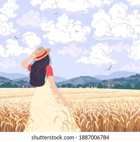 Young woman enjoys the wheat field scenery. Dreamy girl in straw hat walking among ripe wheat ears. Calm summer countryside landscape with hills, clouds and flying birds in sky. Vector illustration.