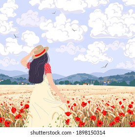 Young woman enjoys the wheat field scenery. Dreamy girl in straw hat walking among ripe wheat ears and red poppy. Calm summer landscape with hills, clouds and flying birds in sky. Vector illustration.