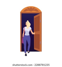 Young woman entering open door, flat cartoon vector illustration isolated on white background. Concept of new step in life and opportunity, life choice.