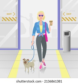 A young woman enters the airport. Holds coffee in his hand. Her pet is on a leash.