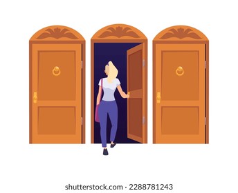 Young woman enters central of three identical brown doors flat style, vector illustration isolated on white background. Choose, design element, making decisions