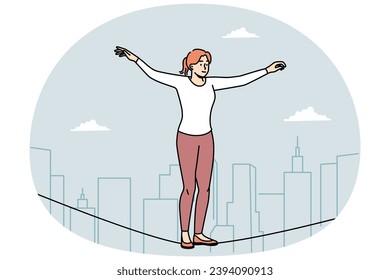 Young woman equilibrist walking on rope in air. Female walker engaged in extreme sportive physical activity. Hobby concept. Vector illustration.