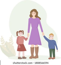 A young woman of European appearance with two children. The son and daughter hold the mother's hand. The concept of motherhood and happy childhood. Vector flat design