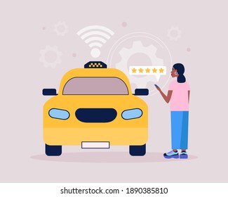 Young woman evaluates taxi ride. Taxi concept. Colorful flat vector illustration.
