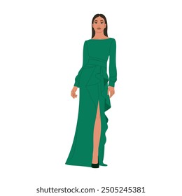 Young woman in evening green dress. Cute girl in a formal stylish outfit for party or celebration. Hand drawn vector illustration isolated on white background, modern flat cartoon style.