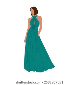 Young woman in evening green dress. Beautiful girl in a formal stylish outfit for party or celebration. Hand drawn vector illustration isolated on white background, flat cartoon style.