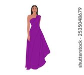 Young woman in evening purple dress. Beautiful girl in a formal stylish outfit for party or celebration. Hand drawn vector illustration isolated on white background, modern flat cartoon style.