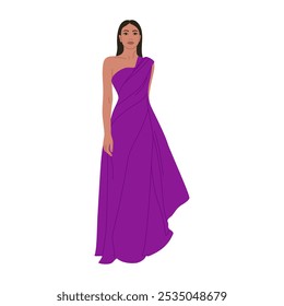 Young woman in evening purple dress. Beautiful girl in a formal stylish outfit for party or celebration. Hand drawn vector illustration isolated on white background, modern flat cartoon style.