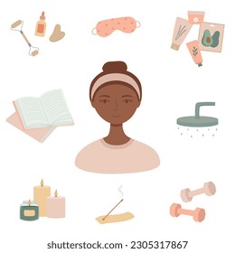 Young woman and evening routine elements set. Books, fitness tools, shower, candles, beauty care cosmetic products. Vector illustration