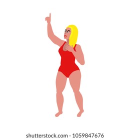 Young woman with excess weight in swimsuit having fun isolated on white background. Cartoon color vector illustration with plump beautiful girl for body positive and love concept.